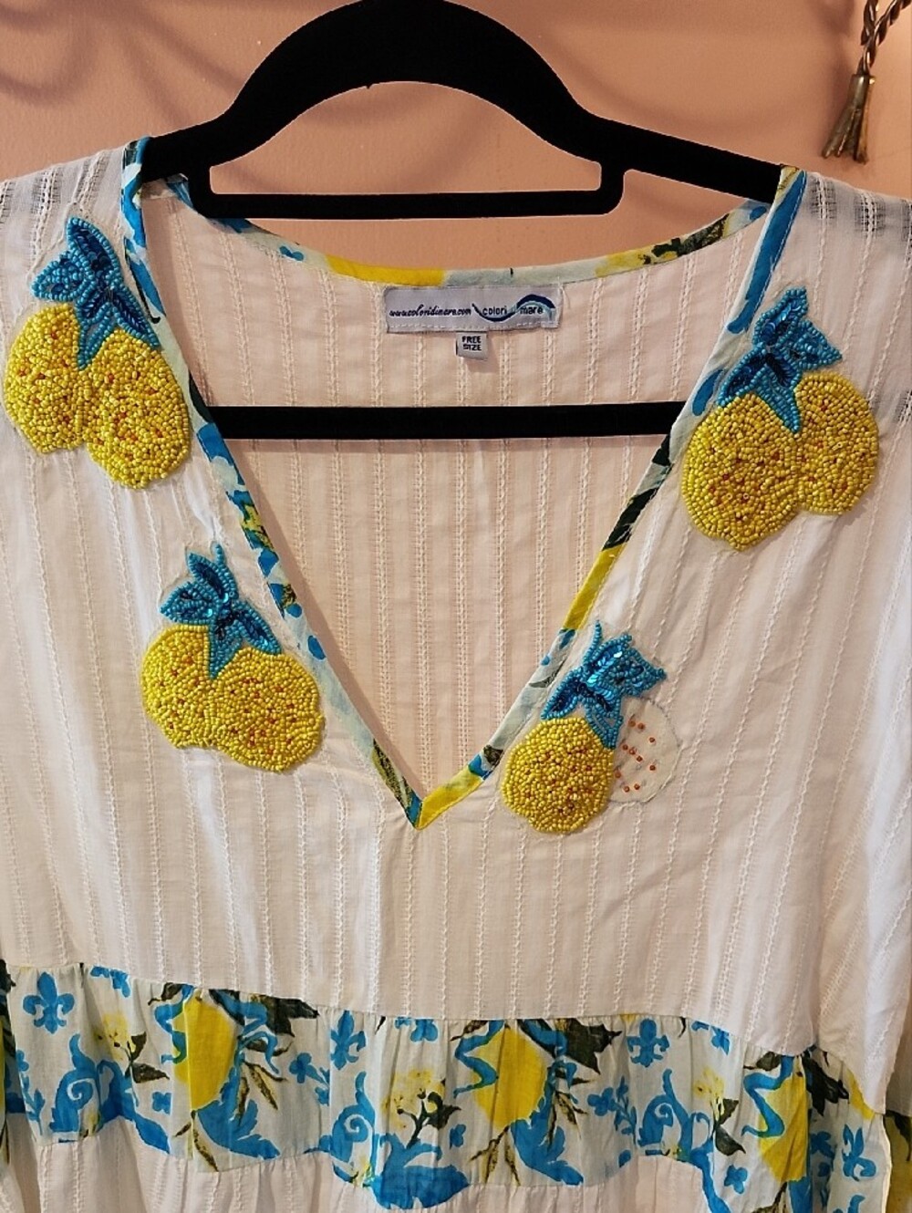 Colori Di Mare White Tiered Boho Tunic with Yellow Lemon Embroidery - Picture 2 of 7